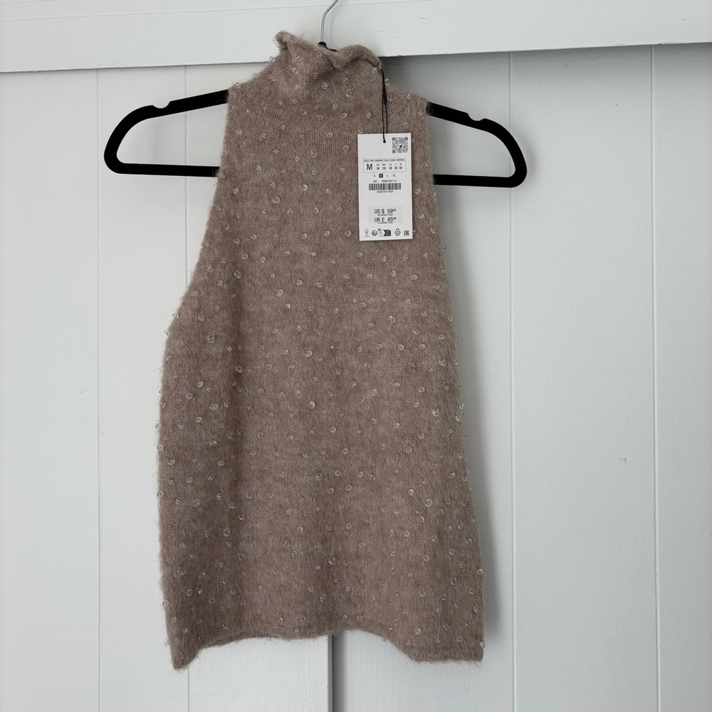 NWT Zara Blush Beaded Knit Turtleneck Tank Vest Top Size Medium